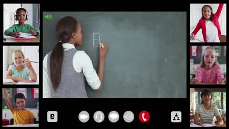 Composite-video-call-interface-with-diverse-smiling-female-teacher-and-six-childrenin-online-lesson