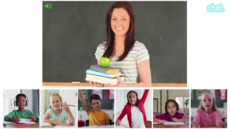 Composite-video-call-interface-with-diverse-female-teacher-and-six-children-in-online-lesson