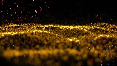 Animation-of-colourful-confetti-falling-over-undulating-gold-contours-on-black-background