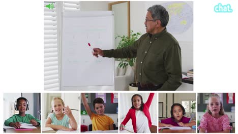 Animation-Von-Videoanrufbildschirmen-Der-Tafel-Und-Verschiedener-Lehrer-Und-Kinder,-Die-Online-Unterricht-Haben