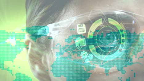 Animation-of-networks-of-connections-and-world-map-over-woman-wearing-vr-headset