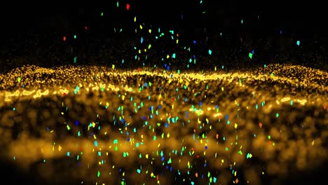 Animation-of-colourful-confetti-falling-over-undulating-gold-contours-on-black-background