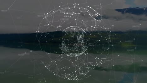 Animation-of-globe-with-network-of-connections-over-landscape
