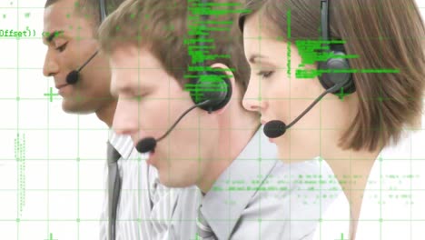 Animation-of-data-processing-over-business-people-using-phone-headsets