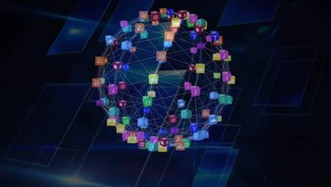 Animation-of-network-of-connections-with-icons-over-globe-on-dark-background