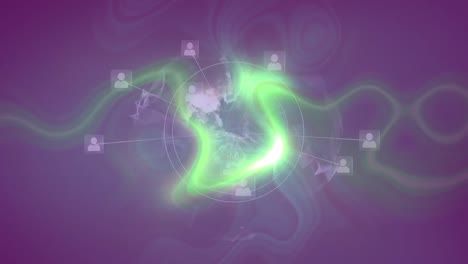 Animation-of-network-of-connections-with-icons-over-glowing-light-trails