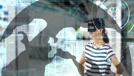Animation-of-networks-of-connections-and-data-processing-over-woman-wearing-vr-headset
