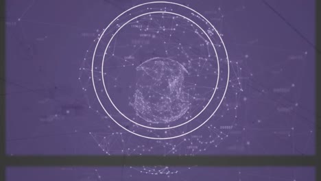 Animation-Des-Netzwerks-Von-Verbindungen-Mit-Globus-Und-Umfang-Auf-Violettem-Hintergrund