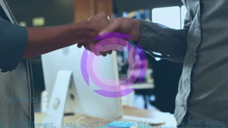 Animation-of-rotating-purple-shape-and-data,-over-business-people-shaking-hands