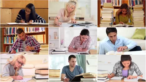 Animation-of-nine-screens-of-diverse-students-studying-at-home-and-in-libraries