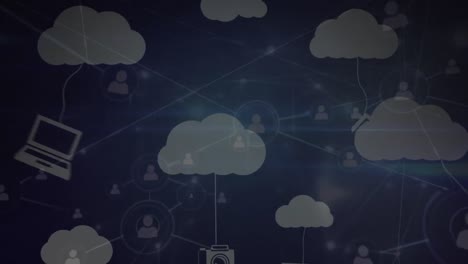 Animation-of-networks-of-connections-over-clouds-and-icons-on-dark-background