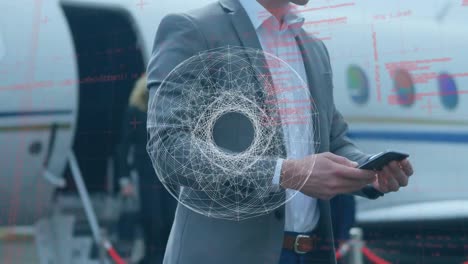 Animation-of-rotating-white-shape-and-data,-over-businessman-using-smartphone-beside-plane