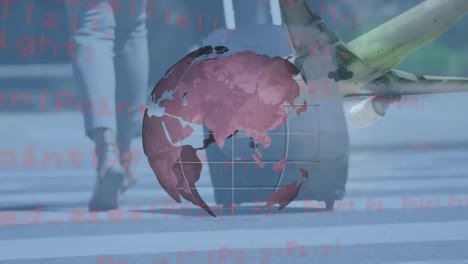 Animation-Des-Globus-Und-Der-Datenverarbeitung-über-Flughafen-Und-Reisender