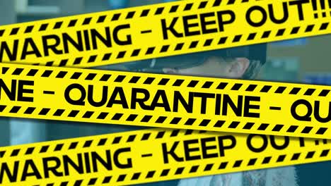 Animation-of-quarantine-warning-text-over-woman-putting-on-vr-headset