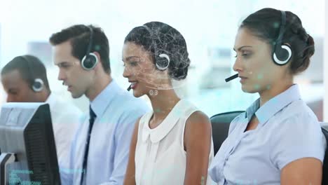 Animation-of-data-processing-over-office-workers-wearing-headsets