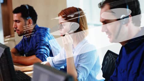 Animation-of-data-processing-and-statistics-over-office-workers-wearing-headsets