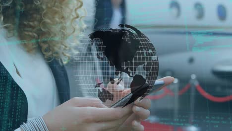 Animation-of-globe-and-data-processing-over-woman-using-smartphone