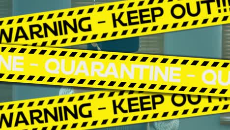 Animation-of-quarantine-warning-text-over-woman-wearing-vr-headset-using-virtual-interface