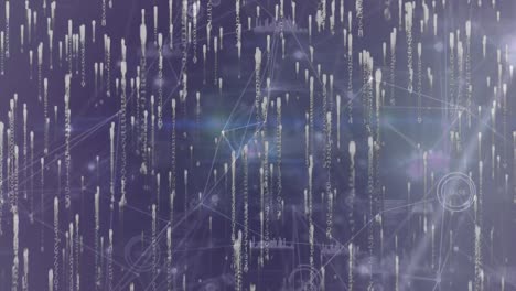 Animation-of-network-of-connections-and-light-trails-over-purple-background