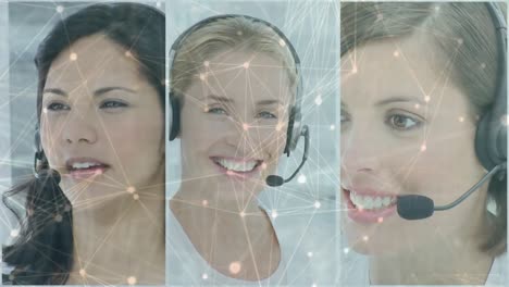 Animation-of-networks-of-connections-over-business-people-using-phone-headsets