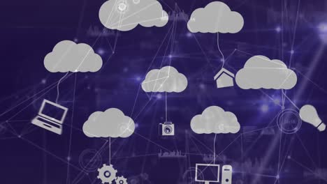 Animation-of-cloud-icons-with-electronic-devices-over-connections-and-data-processing