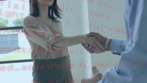 Animation-of-information-and-data-processing,-over-businesswoman-and-man-shaking-hands-at-meeting
