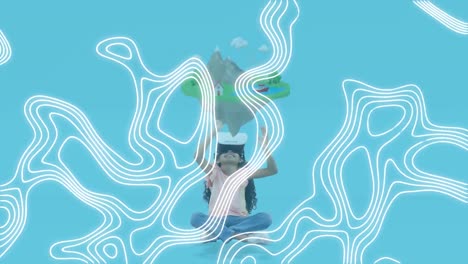 Animation-of-white-lines-over-girl-wearing-vr-headset-on-blue-background