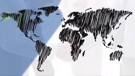 Animation-Der-Weltkarte-über-Dem-Händedruck-Eines-Geschäftsmannes