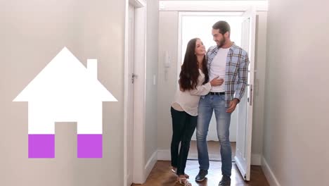 Animation-of-house-icon-filling-up-with-purple-over-happy-couple-in-new-home