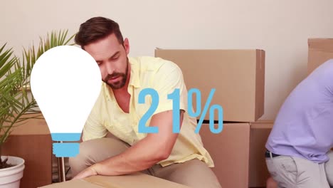 Animation-of-percent-and-lightbulb-icon-filling-up-with-blue-over-happy-gay-couple-and-boxes
