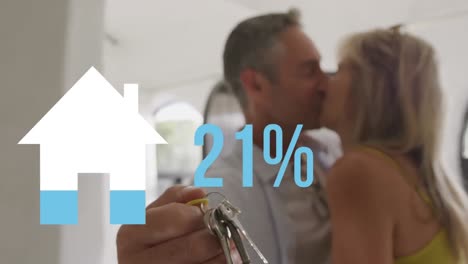 Animation-of-house-icon-filling-blue-with-percentage,-over-happy-couple-with-house-keys-kissing