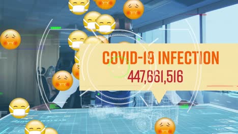 Animation-of-text-covid-19-infection,-scanner-and-sick-emojis-over-man-in-vr-headset-in-office