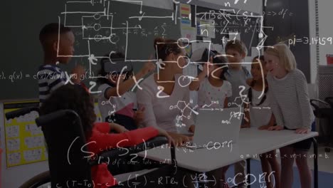 Animation-of-over-equations-over-schoolchildren-wearing-vr-headset