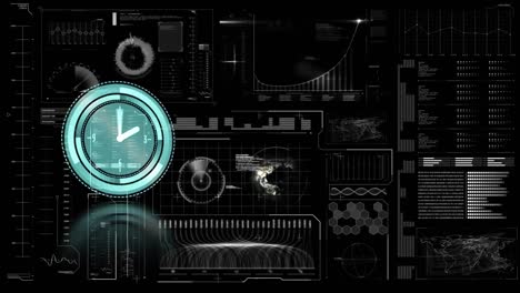 Animation-of-clock-and-statistics-processing-on-dark-background
