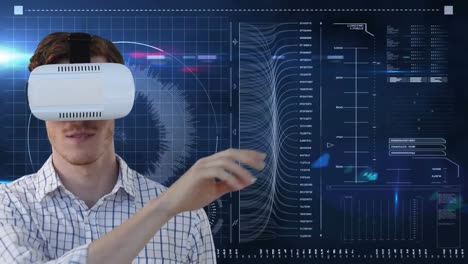 Animation-Der-Uhr--Und-Statistikverarbeitung-über-Einem-Menschen-Mithilfe-Eines-VR-Headsets