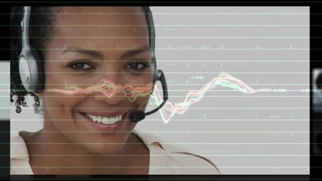 Animation-of-statistics-and-data-processing-over-business-people-wearing-phone-headsets
