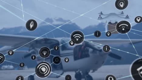 Animation-of-network-of-connections-with-icons-over-drone-carrying-parcel