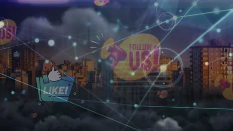 Animation-Des-Netzwerks-Von-Verbindungen-Mit-Social-Media-Symbolen-über-Dem-Stadtbild