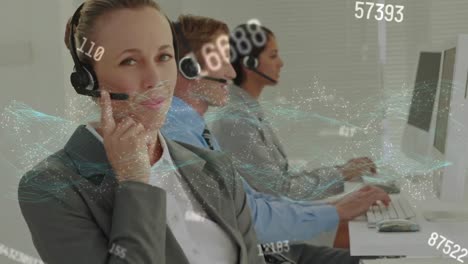 Animation-of-numbers-over-business-people-using-phone-headsets