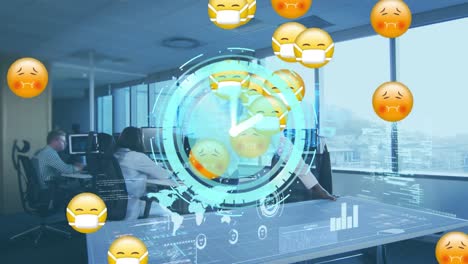 Animation-Von-Uhr,-Kranken-Emojis-Und-Datenverarbeitung-über-Einem-Mann-Im-VR-Headset-Im-Büro