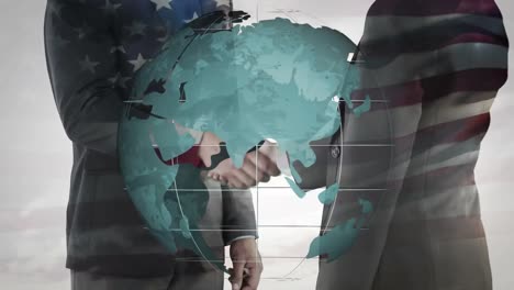 Animation-of-globe-and-american-flag-over-businessman-handshake