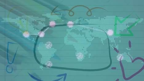 Animation-of-network-of-connections-with-world-map-and-drawings