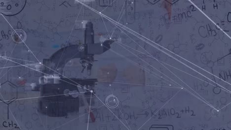 Animation-of-network-of-connections-with-female-scientist-using-microscope