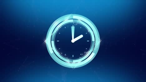 Animation-of-clock-with-rotating-hands-over-square-network-of-connections-on-blue-background