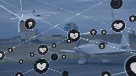 Animation-of-network-of-connections-with-icons-over-drone-carrying-parcel