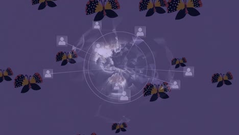 Animation-of-globe-with-network-of-connections-over-butterflies-on-purple-background