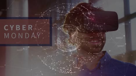 Animation-Des-Cyber-Monday-Textes-Und-Der-Welt-Des-Netzwerks-Von-Verbindungen-über-Einem-Mann-Mit-VR-Headset