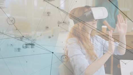 Animation-of-network-of-connections-over-woman-wearing-vr-headset