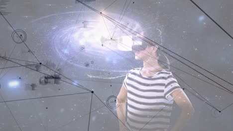 Animation-of-network-of-connections-over-woman-wearing-vr-headset