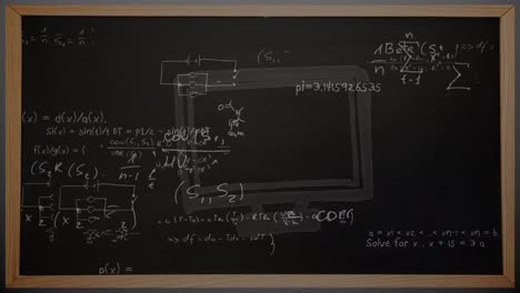 Animation-of-mathematical-equations-on-chalkboard-over-computer